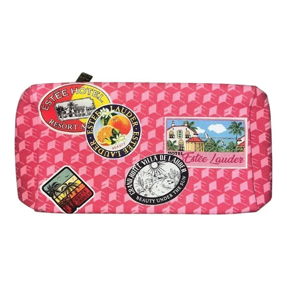 Estee Lauder Cosmetic Makeup Bag Pink Travel Passport New York EUC